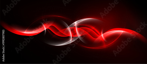 Abstract red waves flow, creating dynamic light effect against dark background. Smooth curves suggest energy, motion.