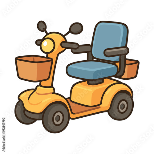 Yellow mobility scooter with blue seat flat vector