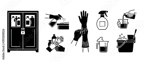 Cleaning Supplies and Safety Icons Set, Chemical Storage Cabinet and Protective Gear for Professional Housekeeping, Janitorial Sanitation Procedures, Vector Pictogram Collection for Hygiene Maintenanc