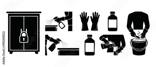 Cleaning Service Icons Set, Professional Janitorial Equipment and Supplies for Home and Office Hygiene, Vectors for Maintenance, Housekeeping Operations, Sanitation Procedures, Safety Protocols and Ch