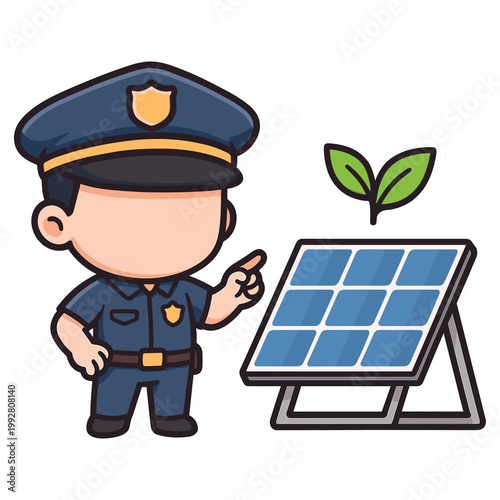 Cartoon Police Officer Pointing at Solar Panel