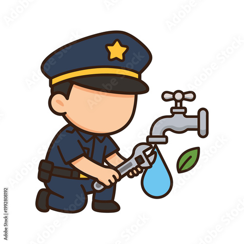 Male police officer fixing water pipe with wrench