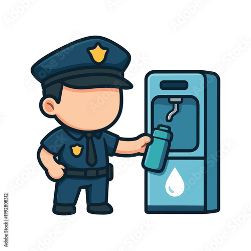 Police officer filling water bottle from dispenser