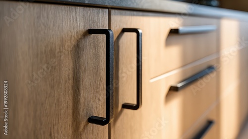 Modern Kitchen Cabinet Hardware with Black Handles and Wood Texture for Elegant Interiors