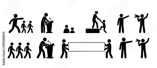 Stick figure action icons collection, business leadership and communication symbols, presenting, helping, shouting with megaphone, team walking and holding blank banner for corporate presentation conc