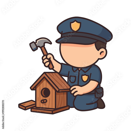 Police officer fixing wooden birdhouse with hammer