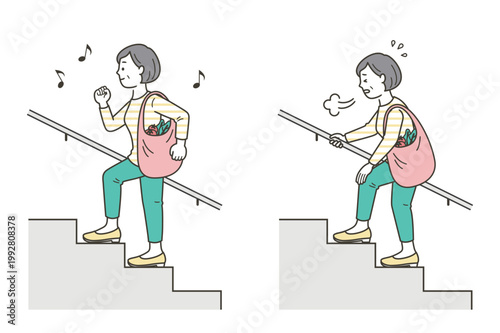 元気に階段を上る買い物帰りの中年の女性と辛そうな女性のイラスト
