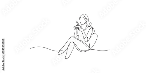single line abstract woman holding coffee sitting on sofa.continuous line drawing of cozy moment.relaxed home lifestyle.minimal modern style.one line vector illustration.