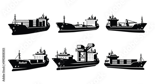 Black silhouettes of various cargo and passenger ships displayed in a row