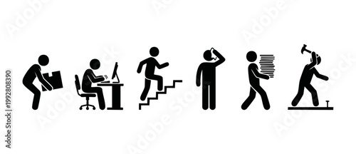 Business people working icons set, office staff tasks and employee daily activities including lifting, computing, career climbing, fatigue, document handling and construction, flat vector illustration
