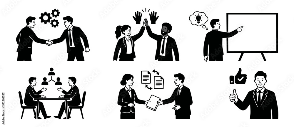 Obraz premium Business People Icon Set Handshake High Five Presentation Teamwork Success Office Communication Black and White Flat Vector Illustration Collection Featuring Professional Collaboration and Corporate G
