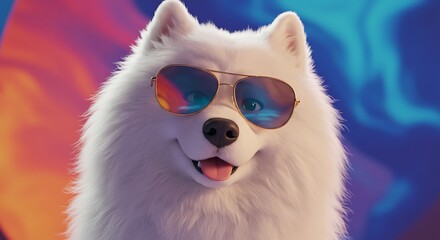 Fluffy White Dog Wearing Colorful Sunglasses Against a Vibrant Tie Dye Background.