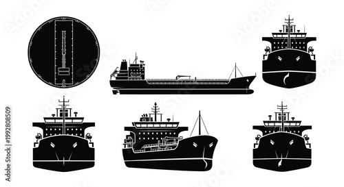 Tableau sur toile Black silhouette illustrations of various commercial ships and tankers