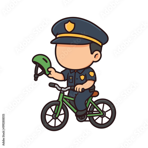 Police officer holding helmet riding bicycle flat vector illustration