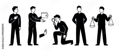 Business Ethics and Integrity Concept Illustration, Black and White Vector Characters Showing Honesty, Fairness, Transparency, Investigation, and Moral Principles in Corporate Leadership and Professio