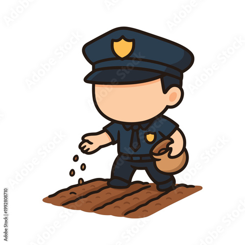 Child police officer sowing seeds in soil cartoon