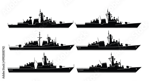 Six black silhouettes of modern naval warships at sea