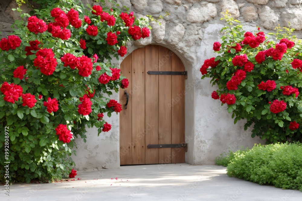 Fototapeta premium Red roses blooming around old rustic door
