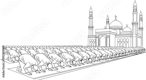 A large congregation of Muslim individuals in white perform prostration during prayer extending in rows before a detailed mosque with multiple minarets and domes all in outline art.