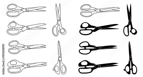 Professional tailoring scissors icons in various styles including line art and solid black silhouettes for fashion design tools and sewing hobby craft graphics