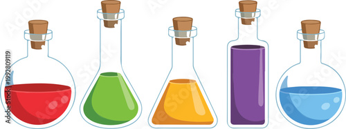 Magic potion glass bottle vector set with colorful liquids and cork stoppers for fantasy game interface and science laboratory experiments
