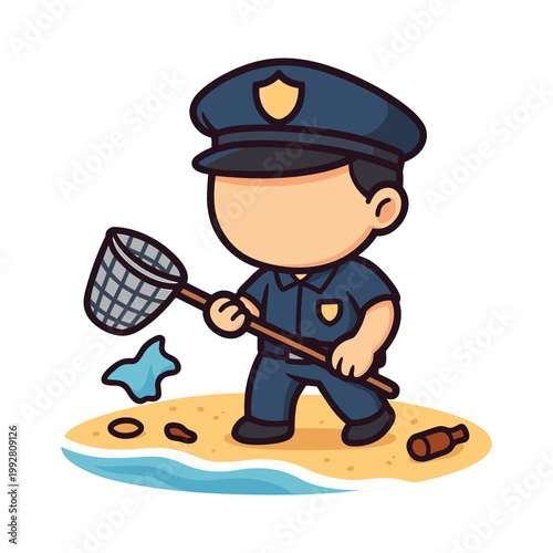 Cartoon police officer catching fish with net