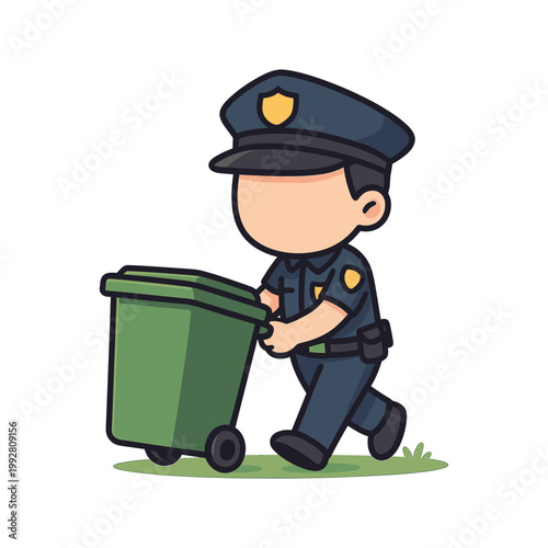 Cartoon police officer pushing trash bin
