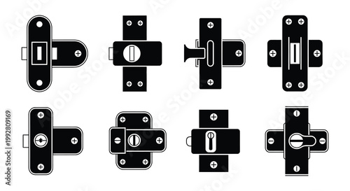 Variety of black door and cabinet lock hardware illustrations