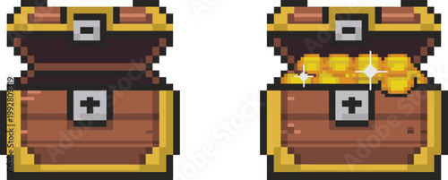 Pixel art treasure chest open closed, retro game loot box with coins