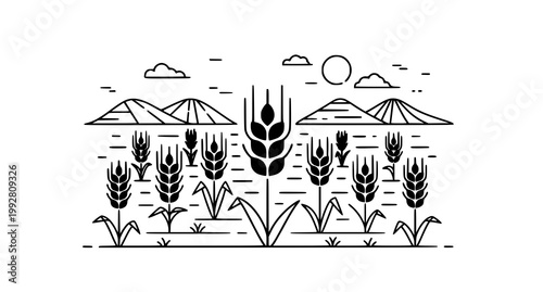 Minimalist wheat field illustration with mountains and sun in linear style for agricultural design and organic food branding concepts perfect for rustic farm websites