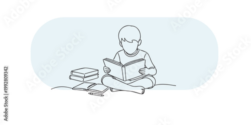 single line abstract child reading on floor.continuous line drawing of learning activity.peaceful education concept.minimal modern style.one line vector illustration.