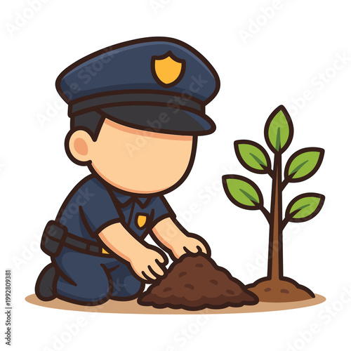 Police officer planting tree cartoon illustration