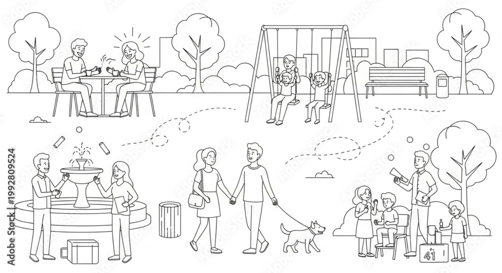 Obraz premium Sketch of people enjoying a park with trees and buildings.