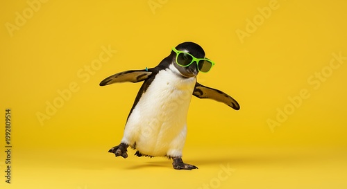 Penguin wearing sunglasses poses on bright yellow background.