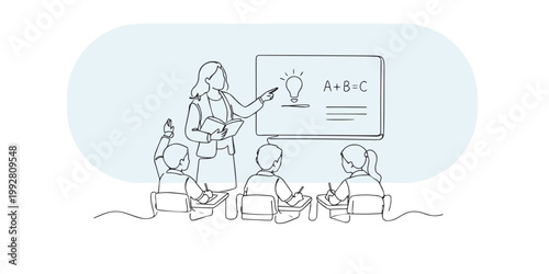 single line abstract female teacher teaching in classroom.continuous line drawing of education interaction.learning environment concept.minimal modern style.one line vector illustration.