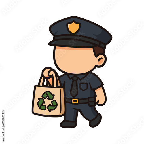 Police officer holding recycling tote bag cartoon