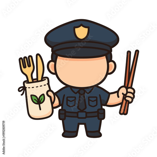 Cartoon police officer holding wooden utensils and chopsticks