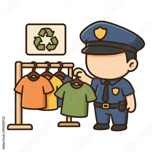 Police officer holding green shirt near recycling symbol
