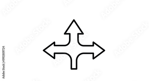 A simple black and white line drawing depicts four arrows radiating outwards from a central point high quality