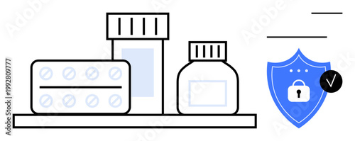 Pharmaceutical security concept. Pharmaceutical symbols highlighting secure distribution, counterfeiting prevention, and protection. Pharmaceutical safety ensures drug authenticity and safety