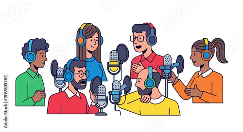 Diverse group of people recording podcast.