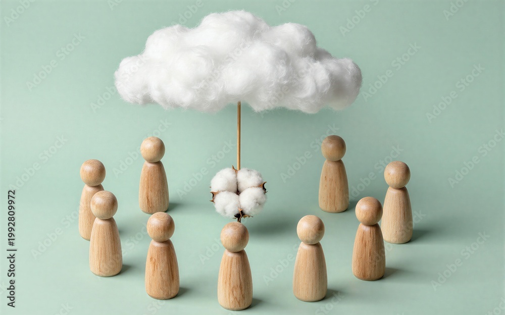 Obraz premium Wooden figures gather under a cotton cloud symbolizing protection and