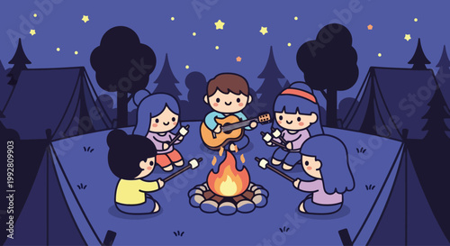 Children Friends Gather Around Campfire At Night.