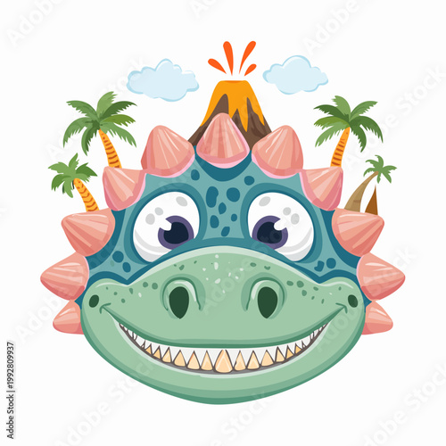 Playful Dinosaur Face With Toothy Grin And Palm Trees Around Volcano Illustration