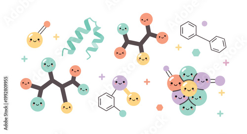 Colorful Cartoon Molecules with Smiling Atoms and Bonds.