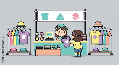 Clothing store scene with shopper and vendor at checkout.