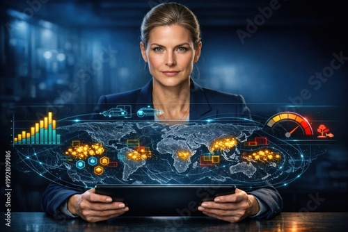 Female Executive Presents Global Critical Mineral and EV Supply Chain Risk Map on Holographic Tablet