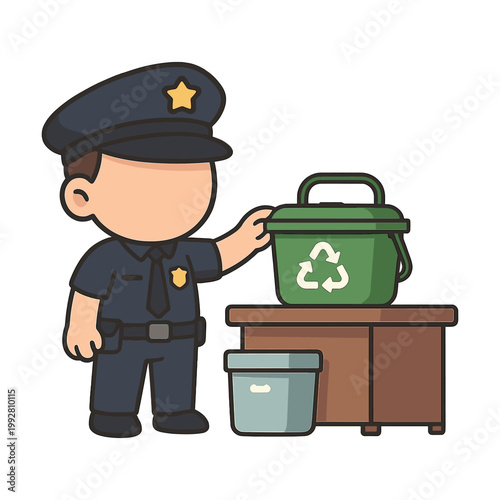 Cartoon police officer holding recycling bin at table