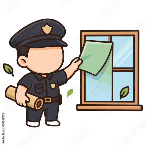 Cartoon Policeman Delivering Paper Next to Window