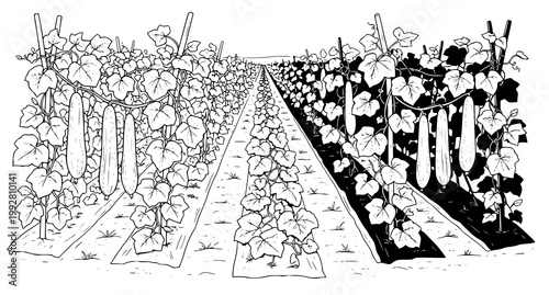 Perspective view line art drawing of large vegetable field with rows of growing cucumber plants on trellises in rural farm landscape for agricultural branding